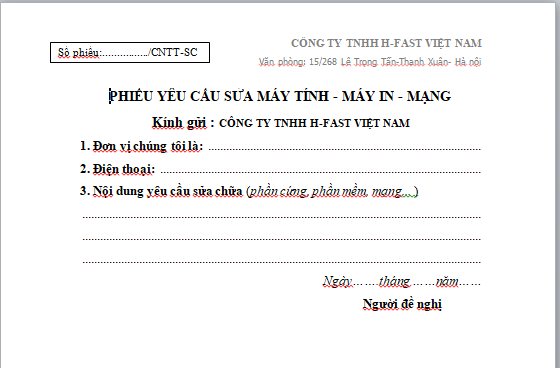 MẪU PHIẾU SỬA CHỮA MÁY TÍNH